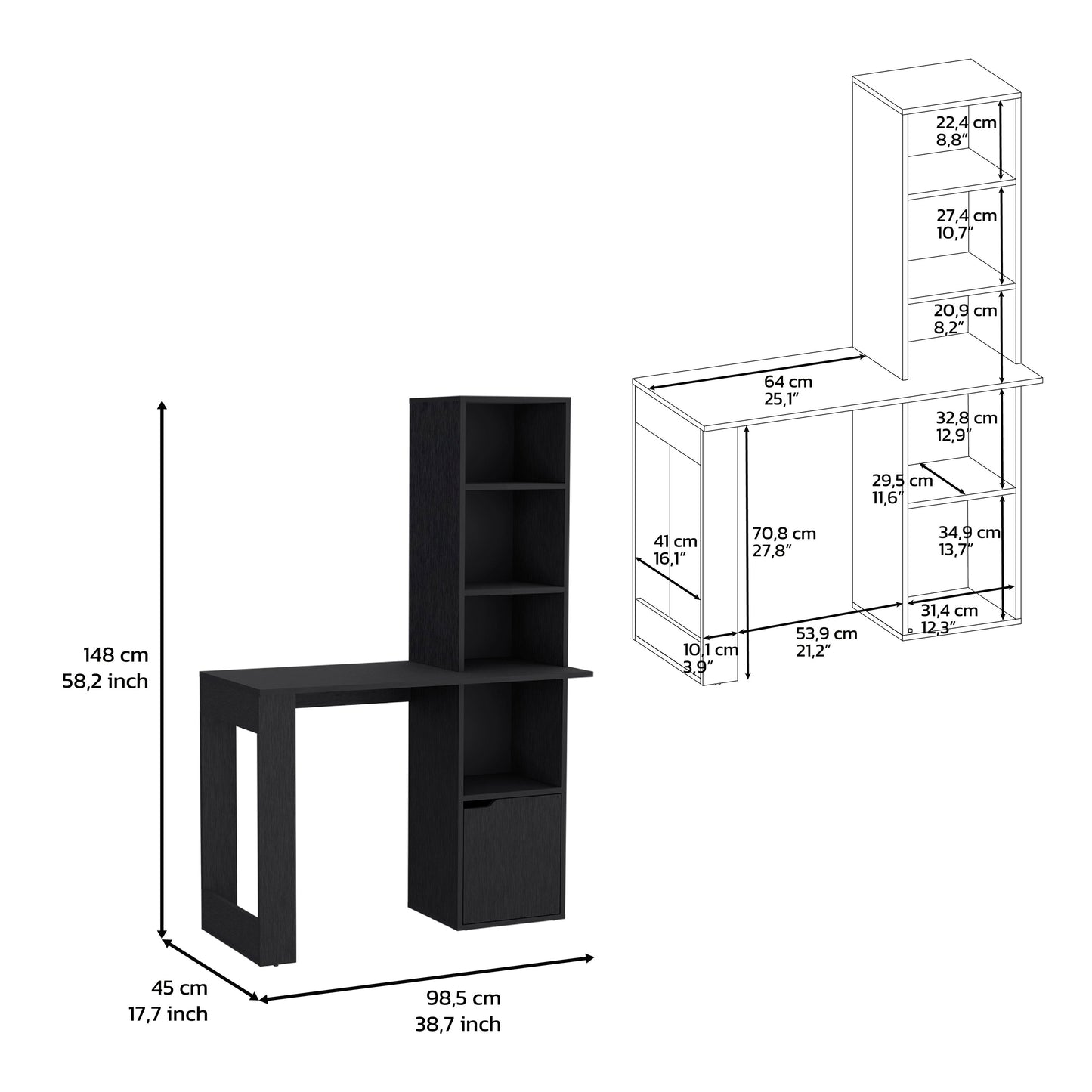 Black wooden Lshaped desk with multiple shelves and a drawer perfect for small spaces