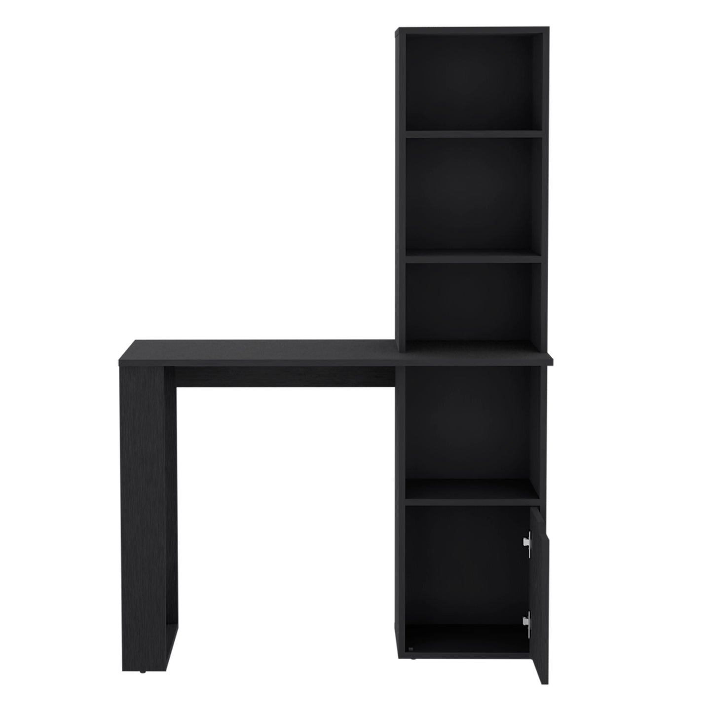 Black modern desk with integrated shelving unit and cabinet for home office