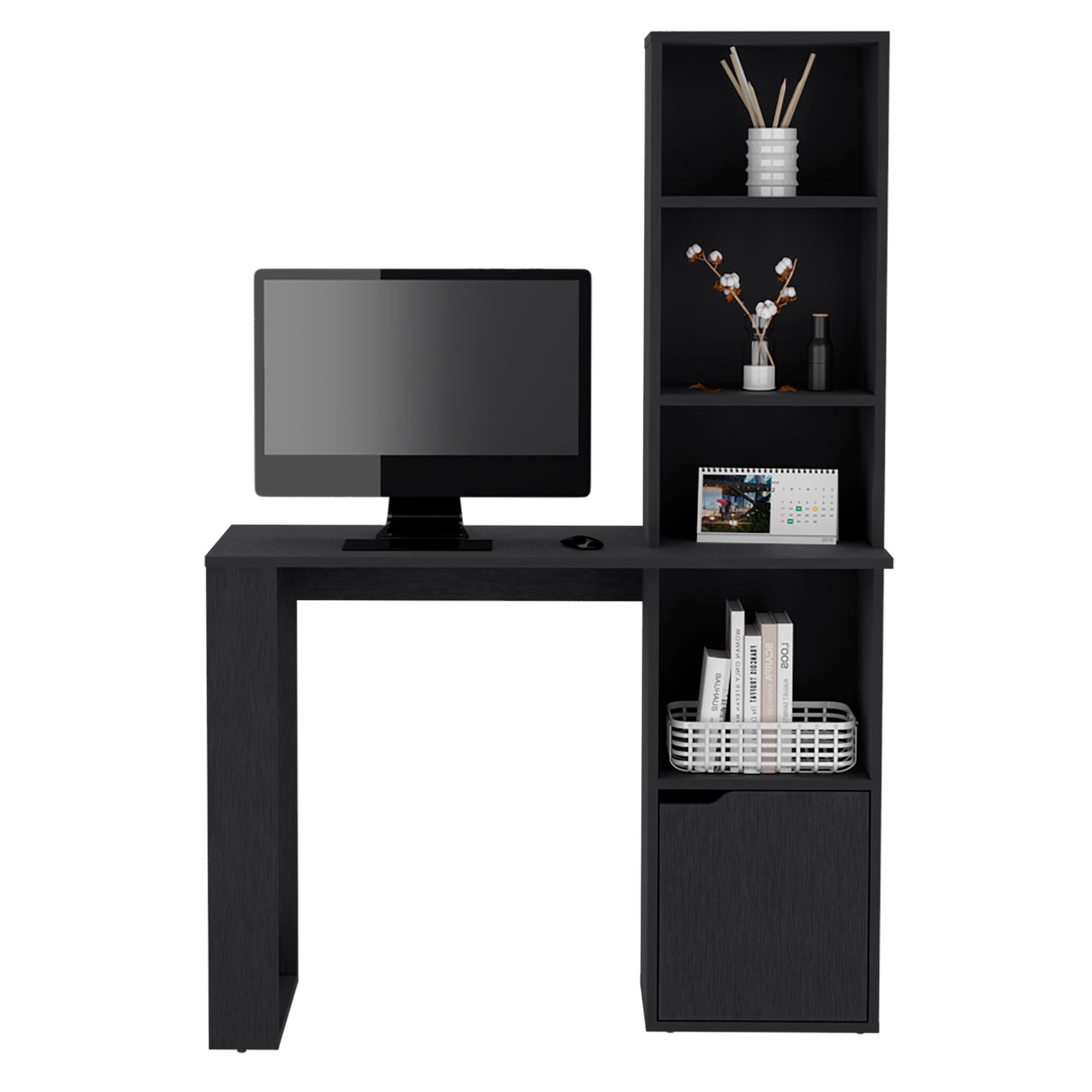 Black modern computer desk with integrated shelving unit ideal for home office setup
