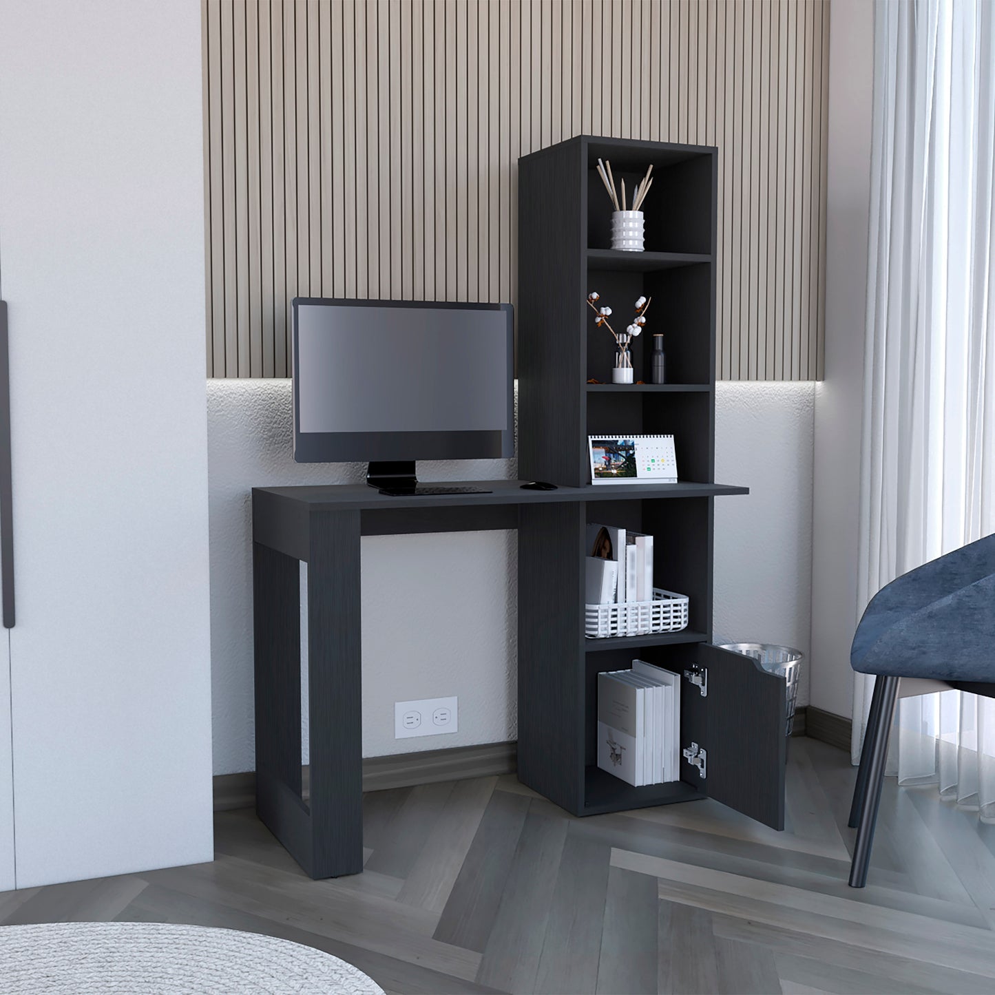 Dark gray modern computer desk with attached bookshelf and open cabinet door