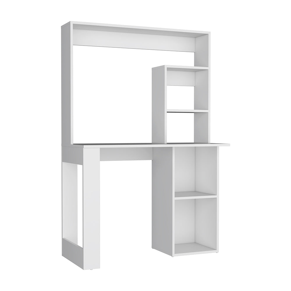 Modern white computer desk with integrated shelving unit for storage