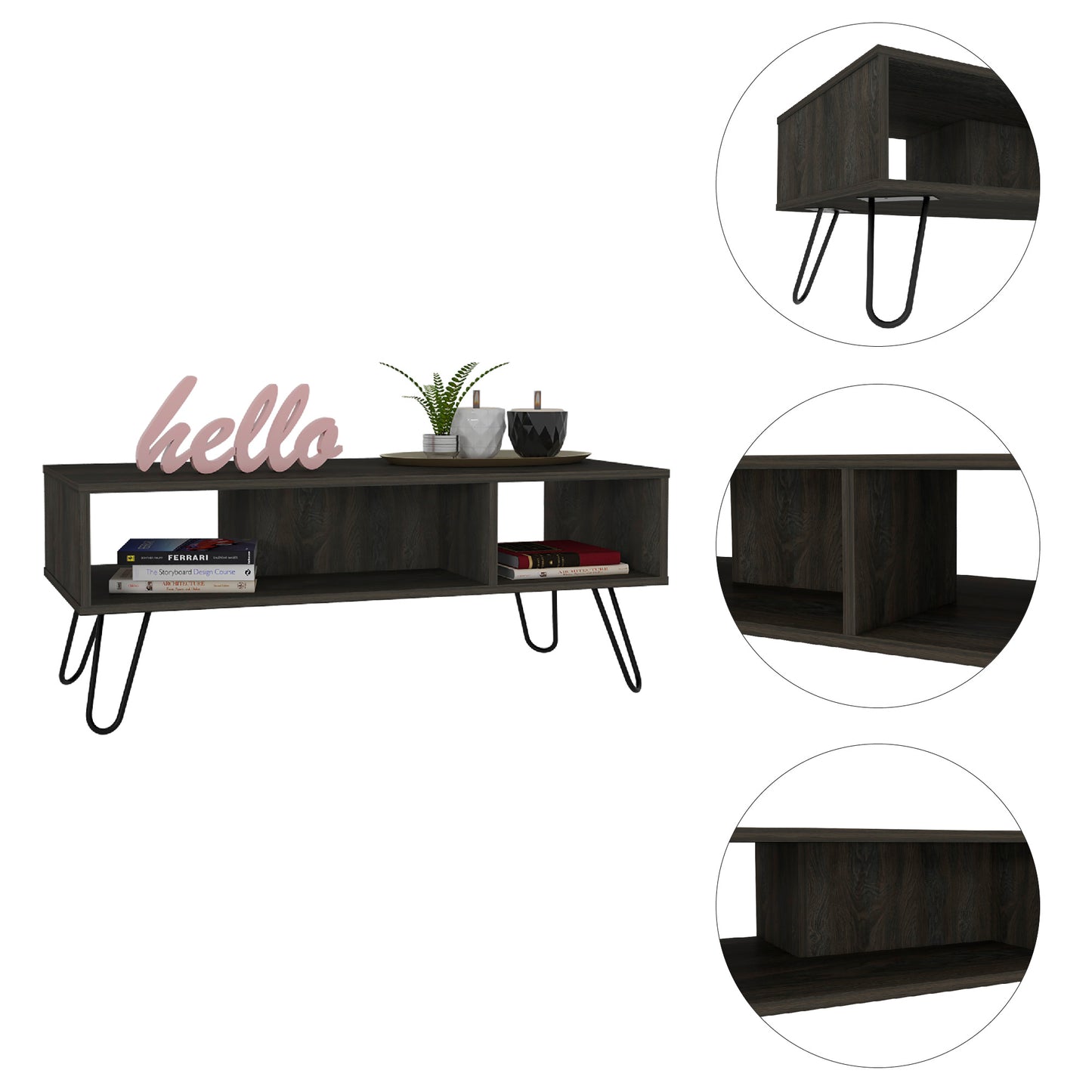 Dark wood coffee table with hairpin legs featuring open shelving for media storage