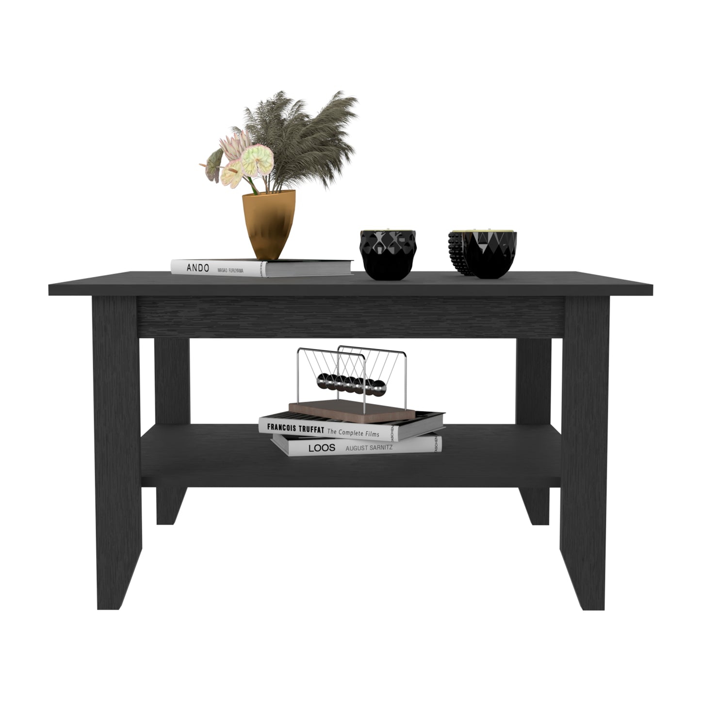 Modern dark wood coffee table with two shelves and decorative items