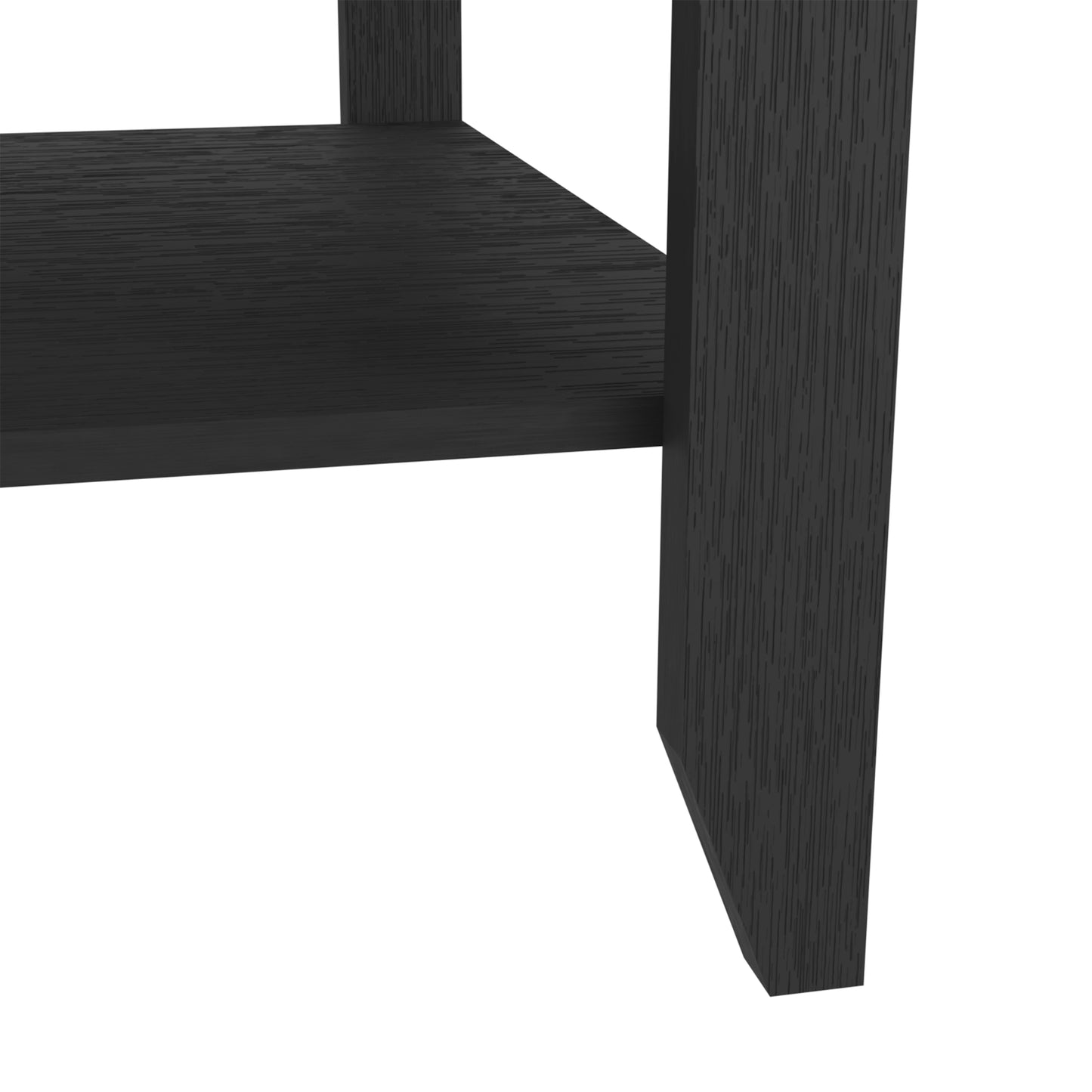 Closeup of a black textured wood grain shelf edge and leg of a modern side table