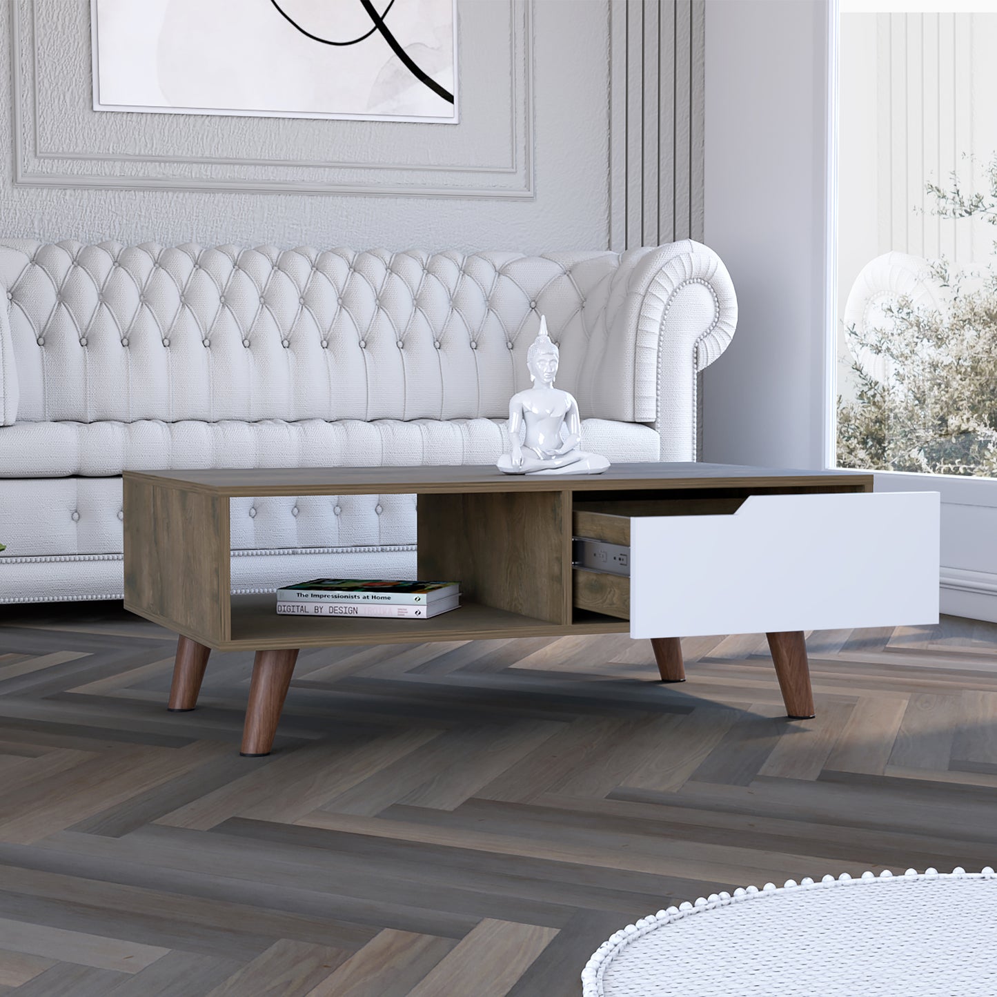 Wood tone coffee table with white drawer and open shelf space