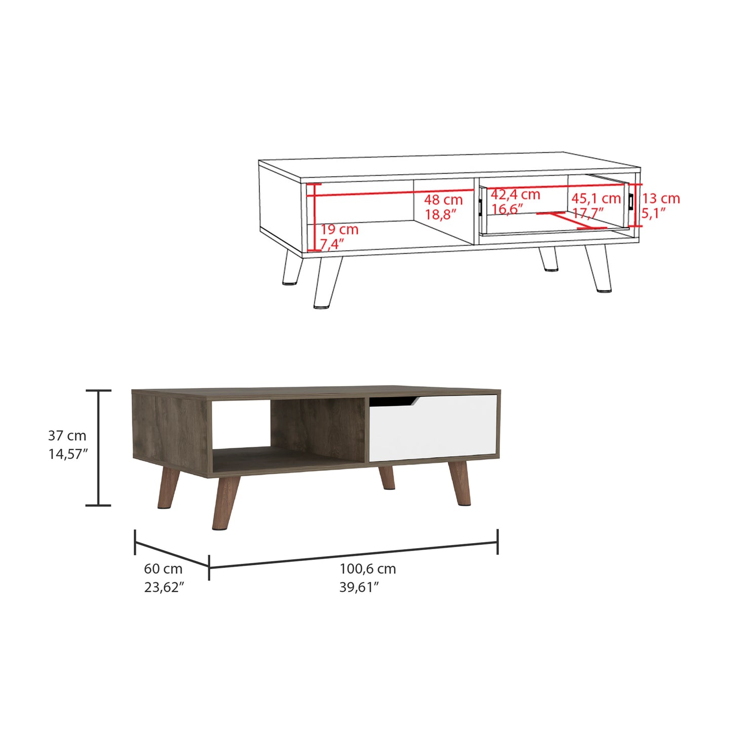 Modern coffee table with dark wood grain finish and white drawer ideal for living rooms