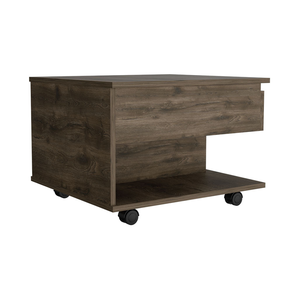 Modern wood printer stand with open shelf and wheeled base