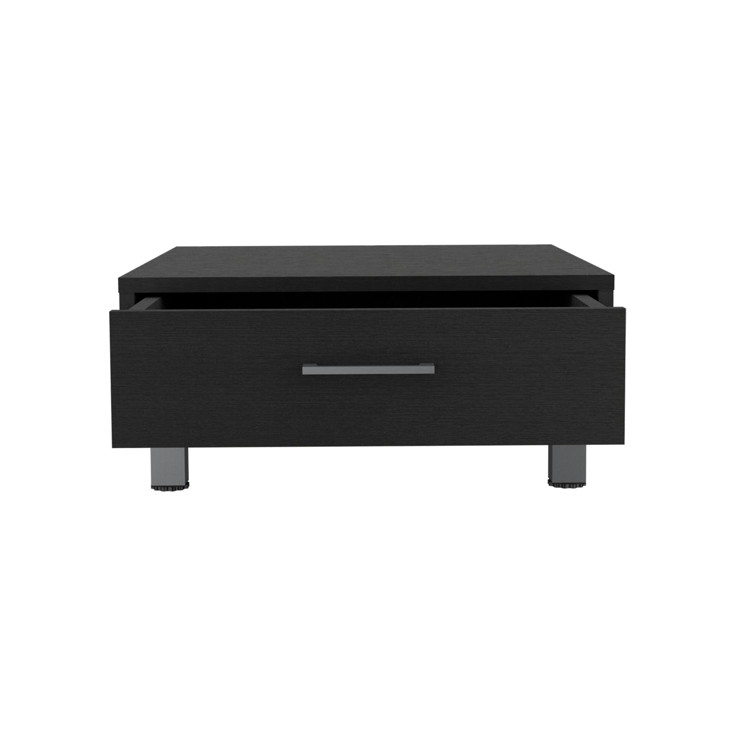 Modern black nightstand with a single drawer brushed nickel pull and adjustable metal legs