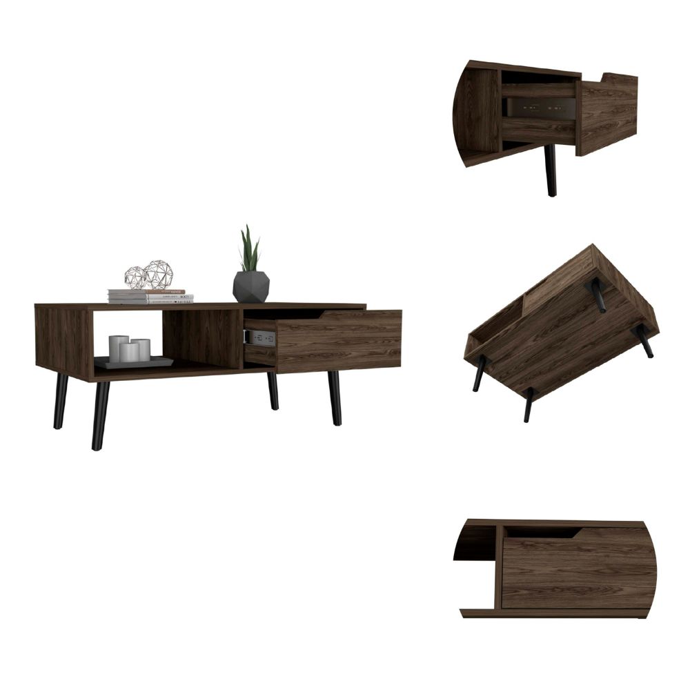 Dark wood media console with open shelving and one drawer