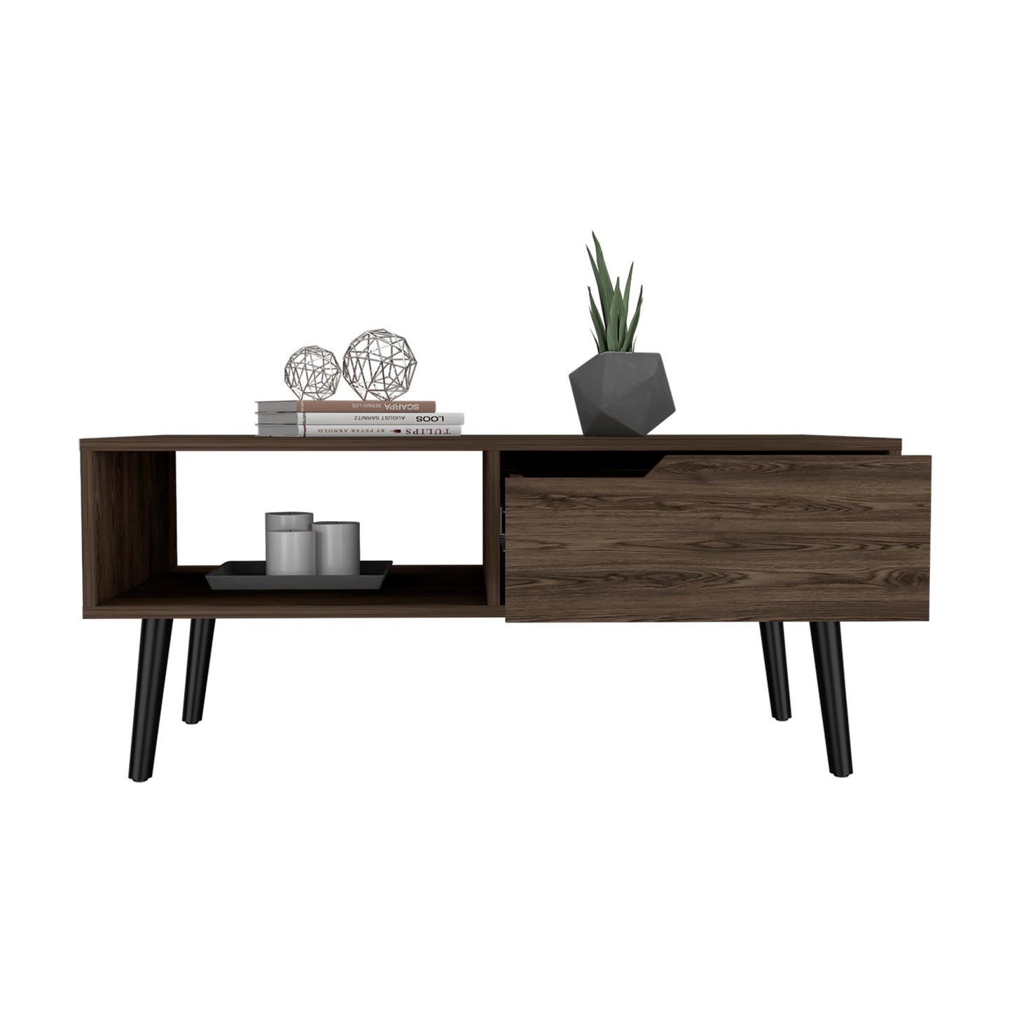 Dark wood media console with open shelving drawer and angled black legs