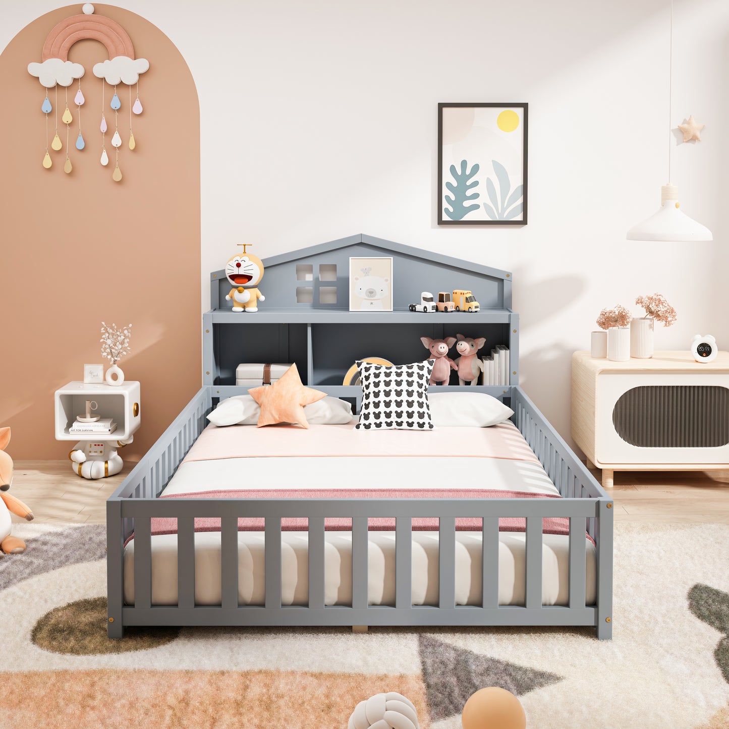 Grey wooden toddler bed with houseshaped headboard and shelves