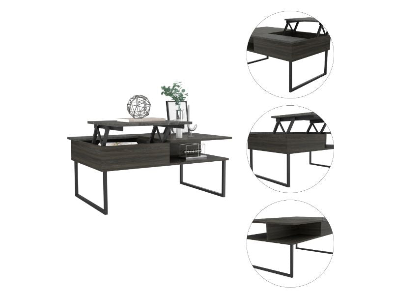 Dark wood lifttop coffee table with a modern design and black metal legs