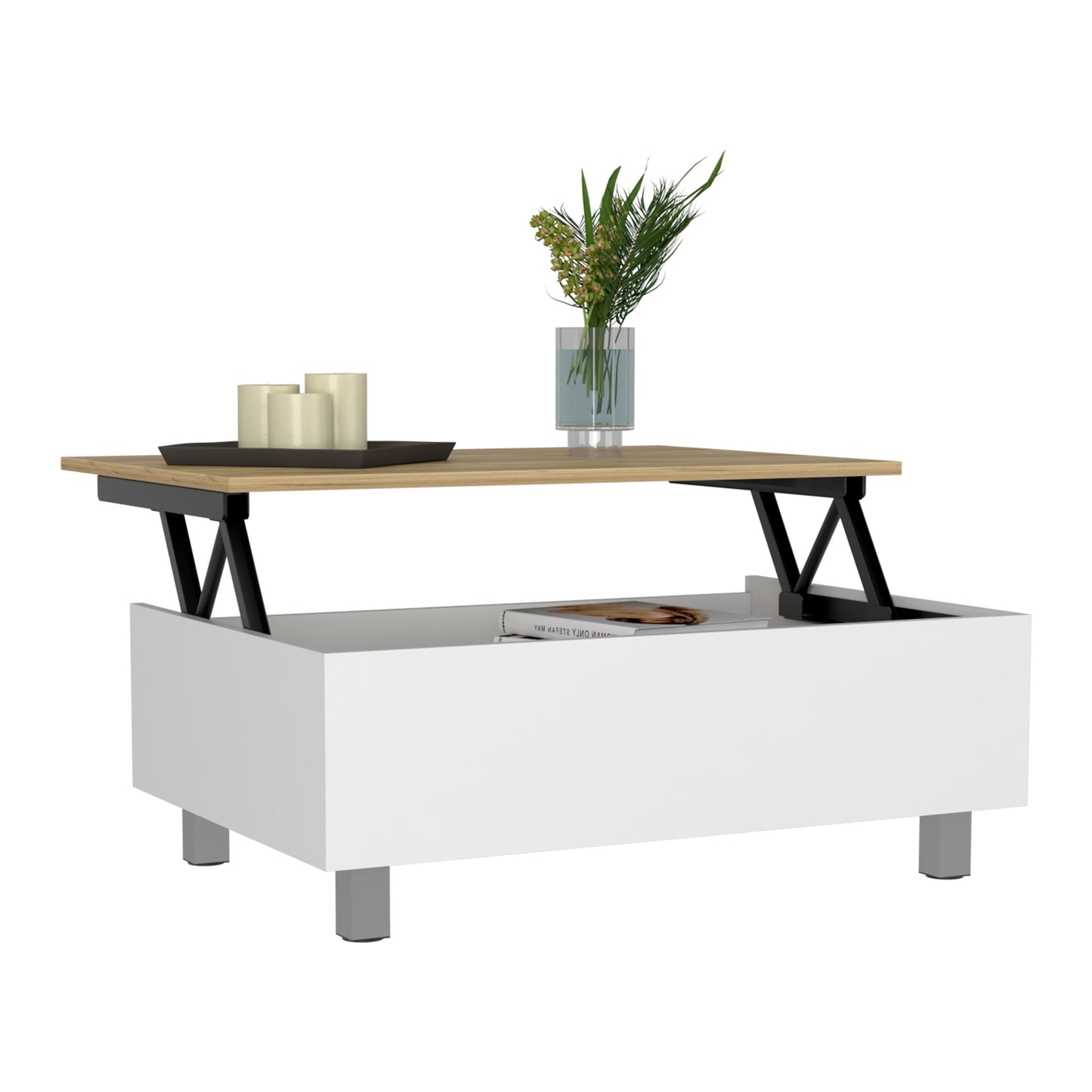 White lifttop coffee table with oak wood finish and black metal legs