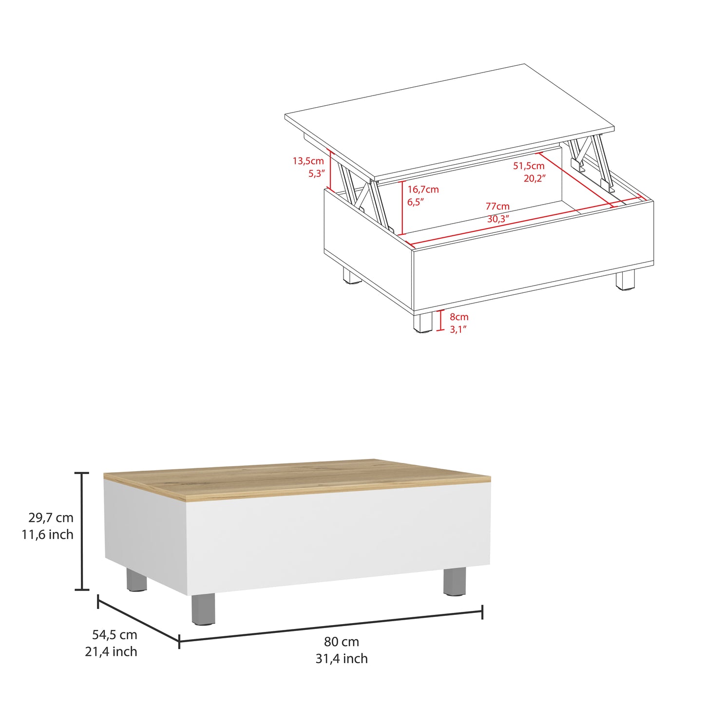 White lift top coffee table with oak wood accent top metal legs