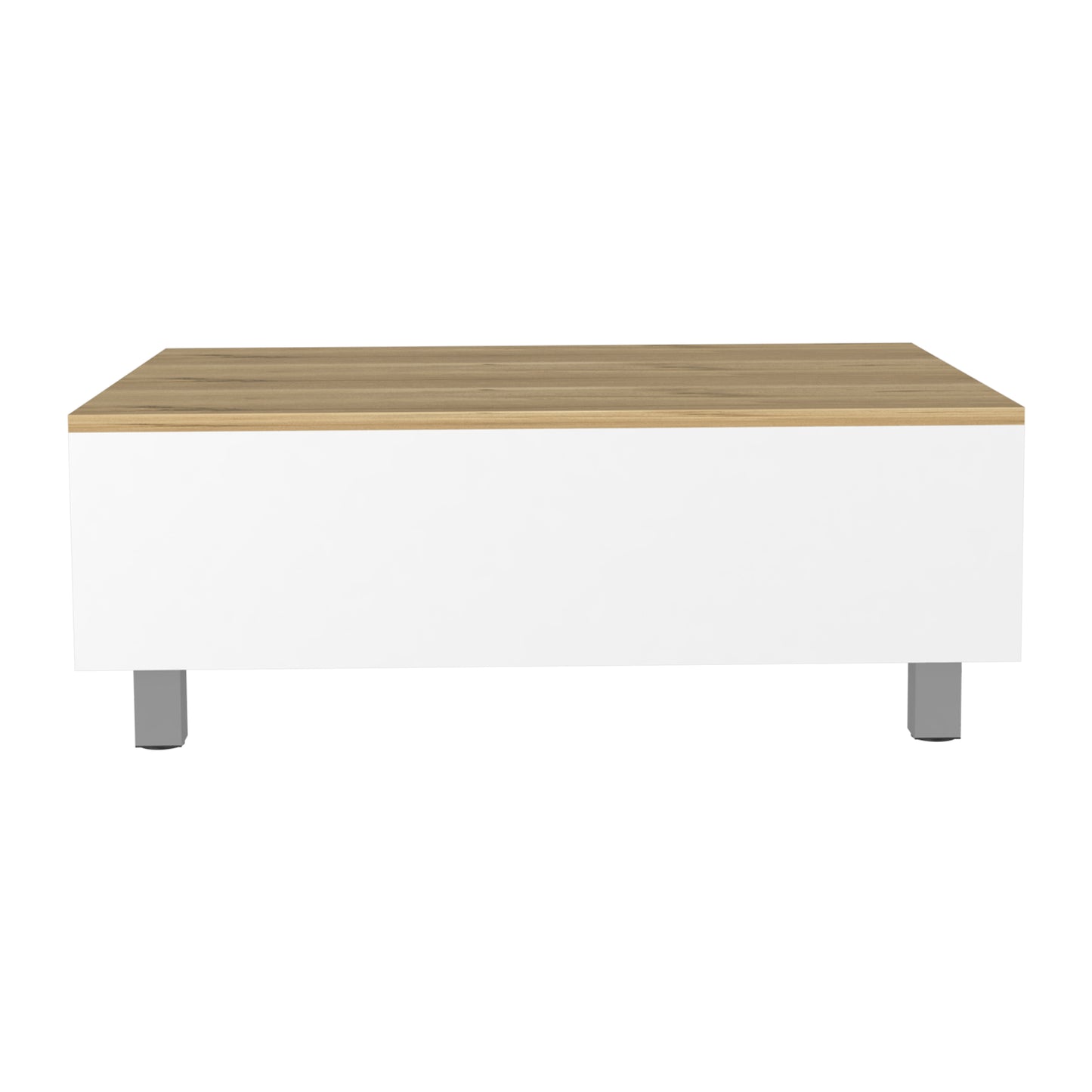 Modern white coffee table with a light oak wood top and silver legs