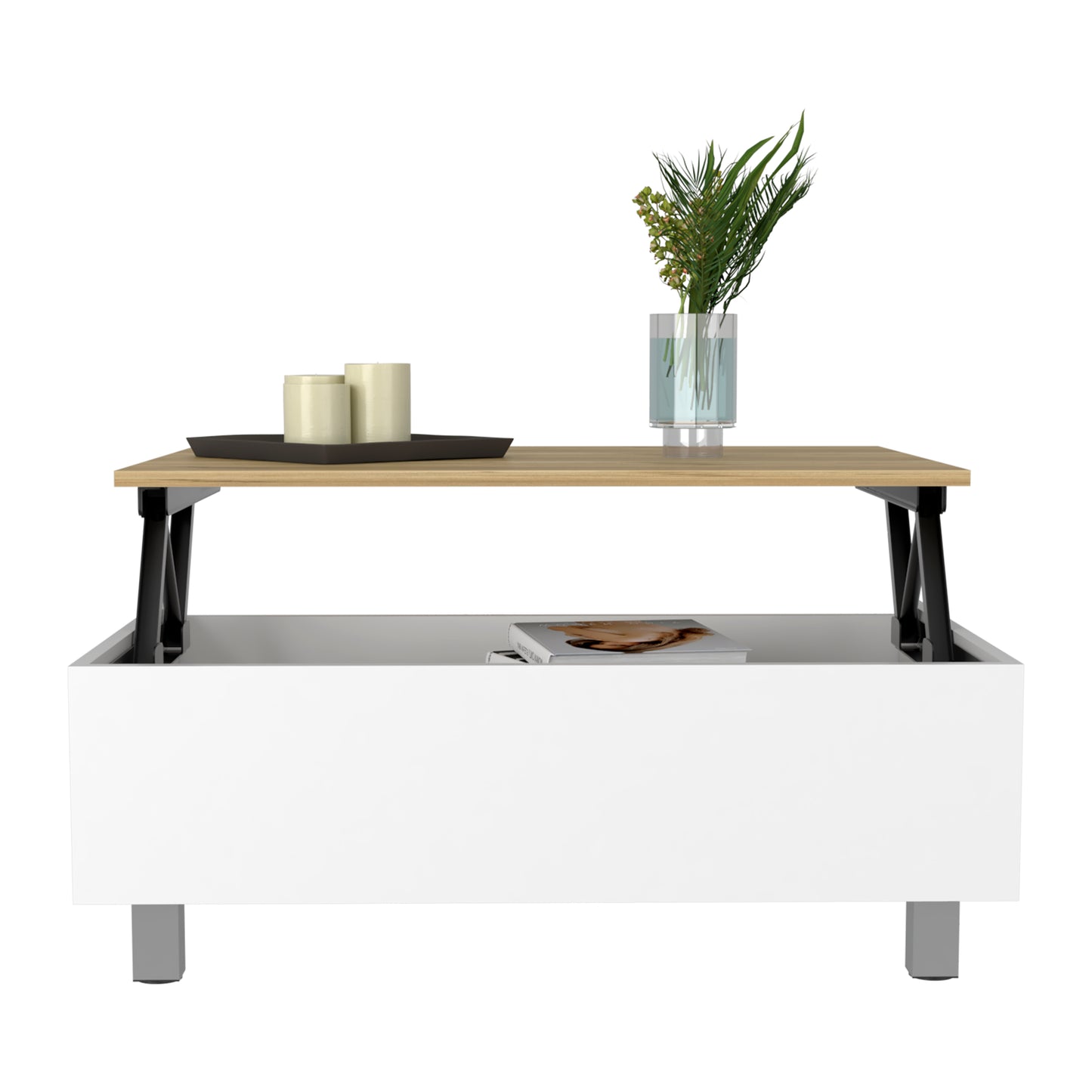 Modern lift top coffee table in white with wood accent and integrated storage shelf