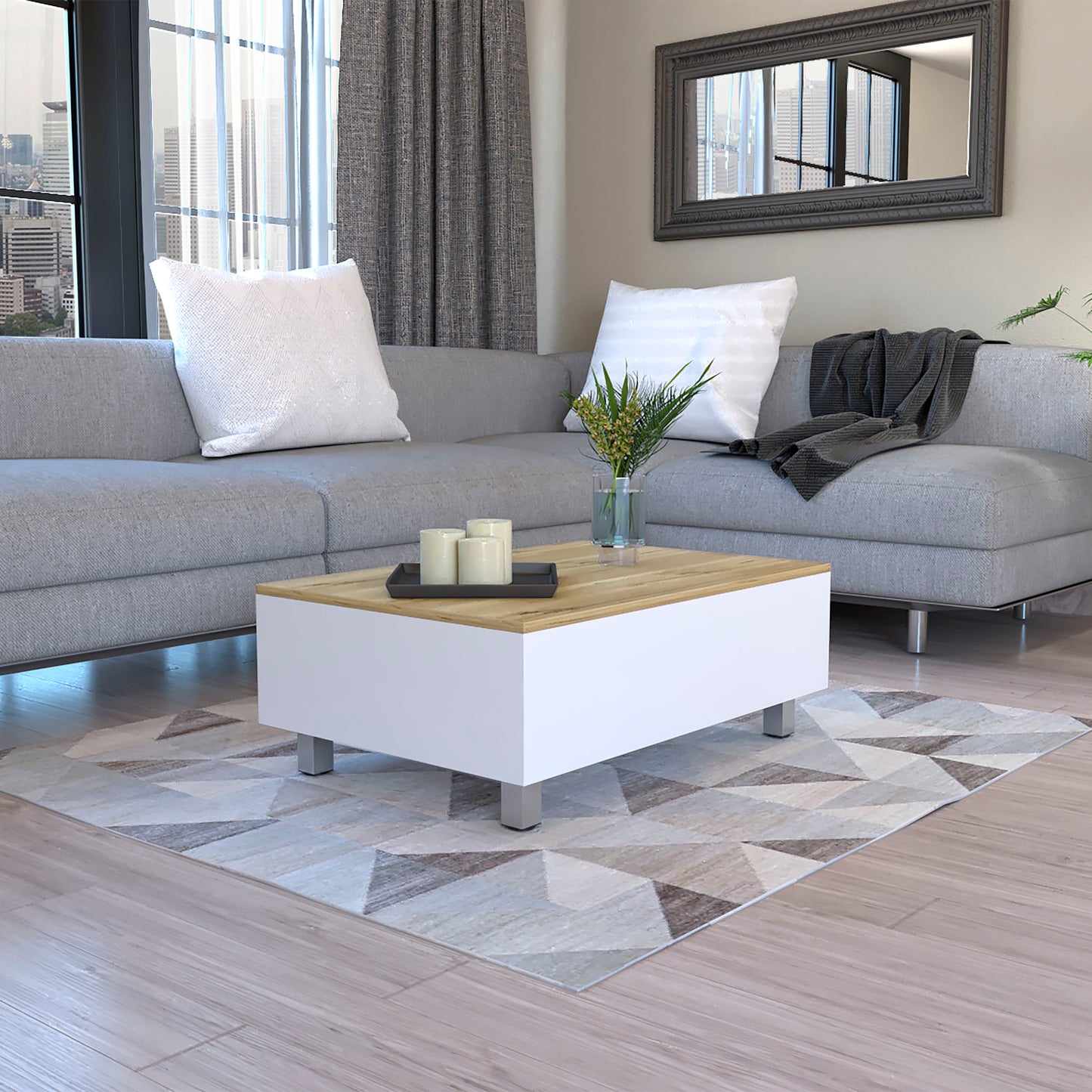 White modern coffee table with wood top geometric rug and grey sectional sofa
