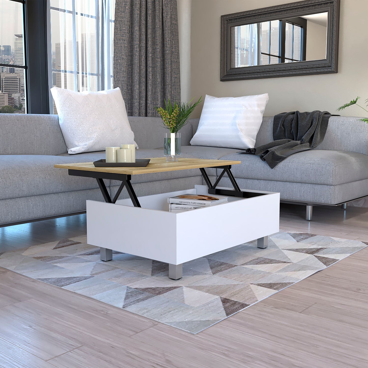 Modern white lifttop coffee table with wood accent and black metal legs functional for living rooms