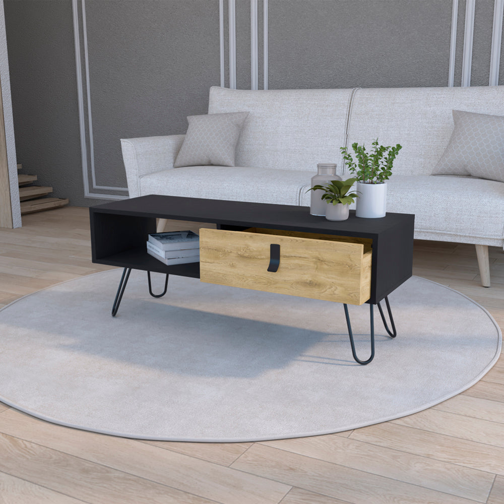 Modern black TV stand with a wood grain drawer and metal hairpin legs