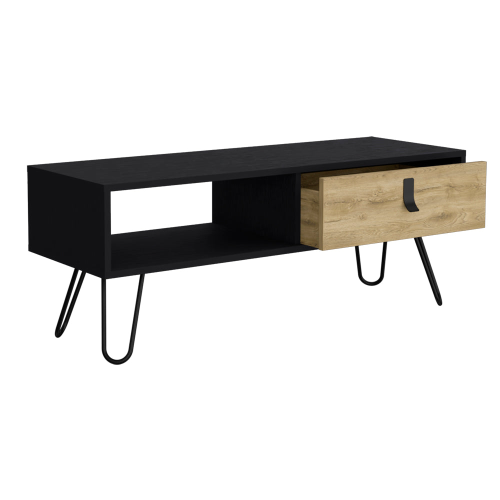 Black modern TV stand with open shelf and natural wood drawer on hairpin legs