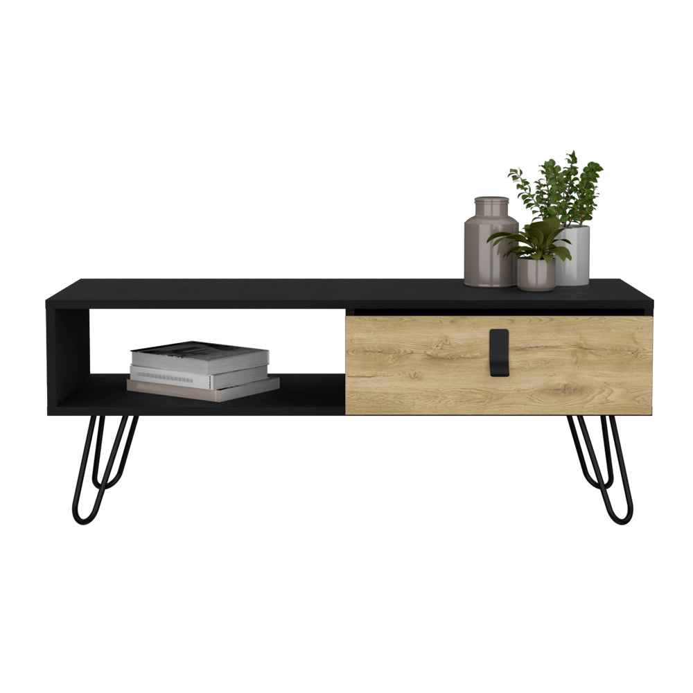 Modern black media console with open shelf and wood grain drawer