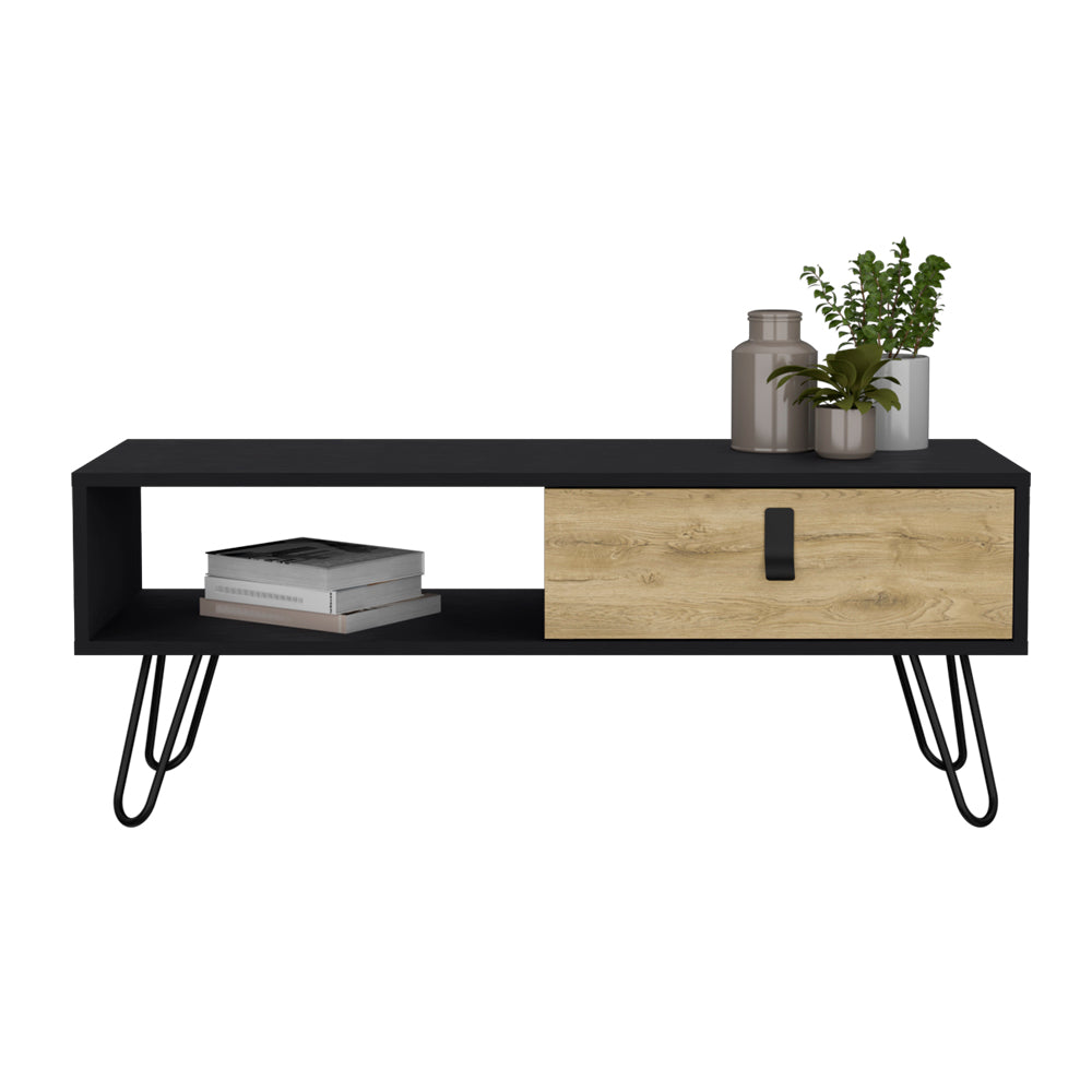 Black modern media console with natural wood drawer and hairpin legs