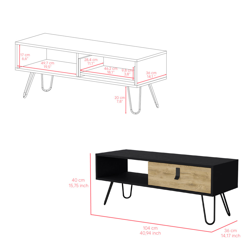 Modern black TV stand with one natural wood drawer and hairpin legs
