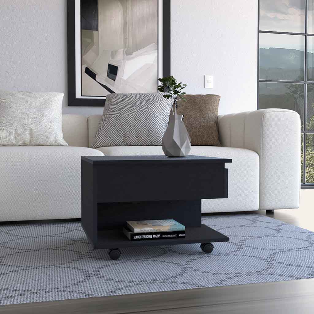 Black modern side table with casters and open shelf holding books