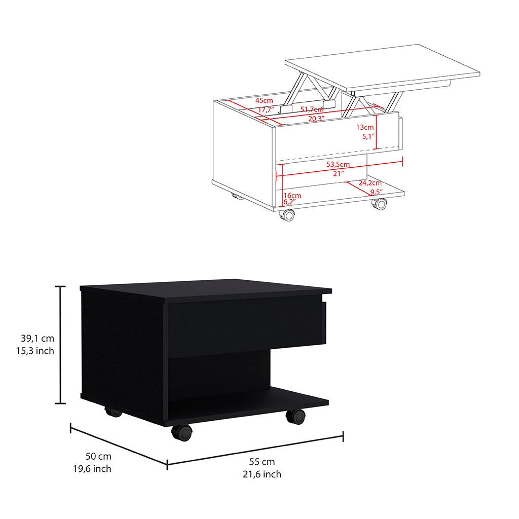 Black lifttop coffee table with hidden storage and metal casters for mobility