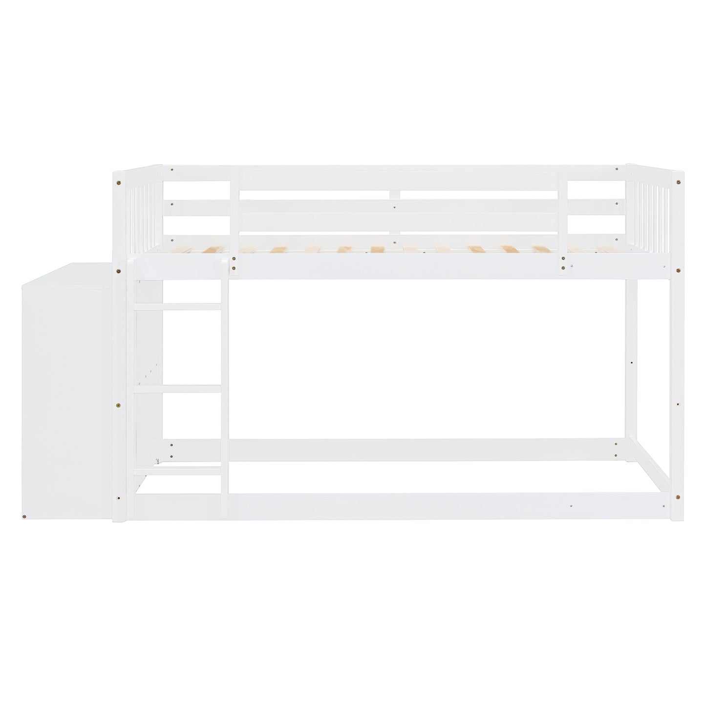 White wooden bunk bed with integrated storage drawer