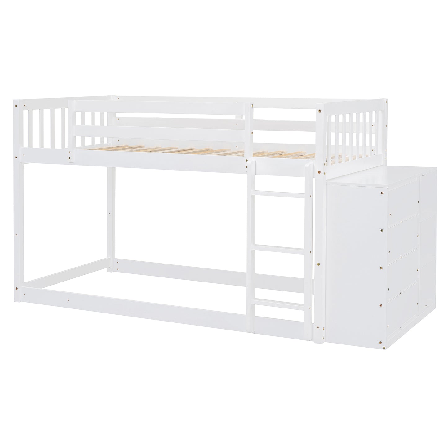 White wooden bunk bed with integrated drawers and ladder