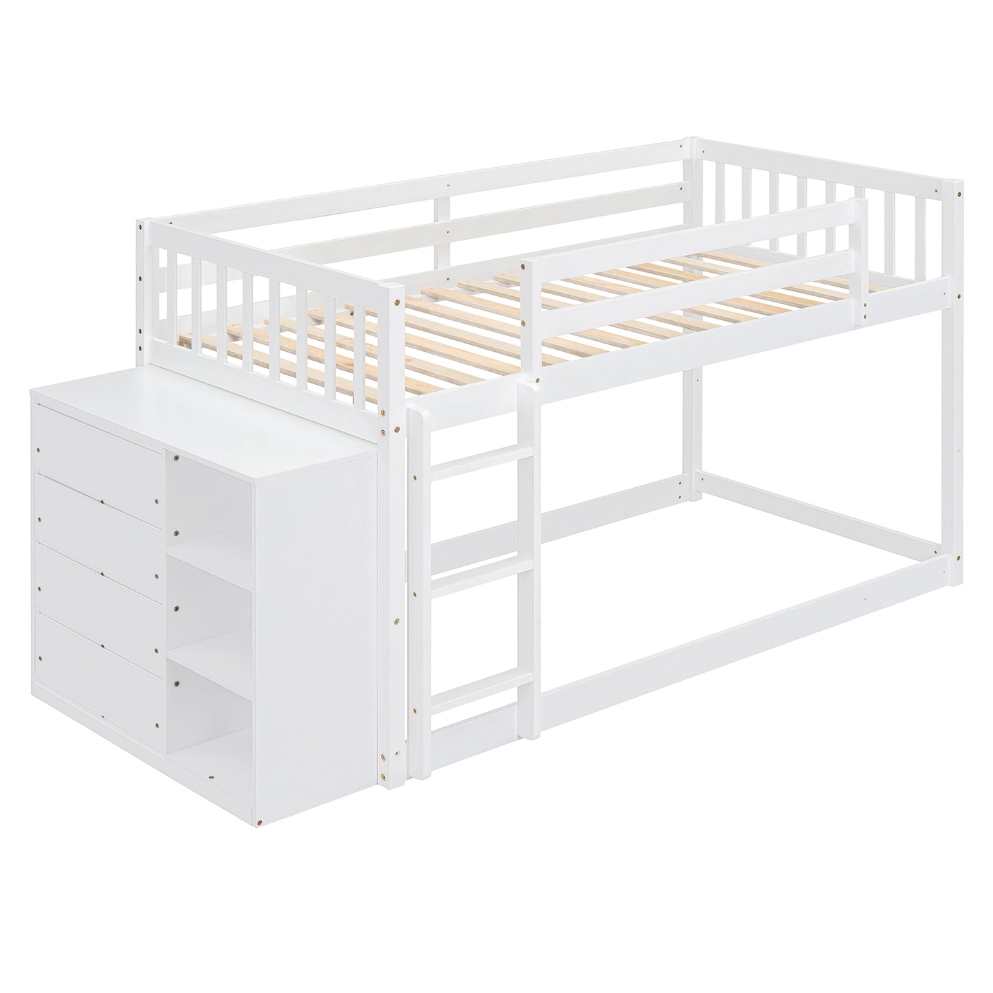 White wooden bunk bed with drawers and shelves