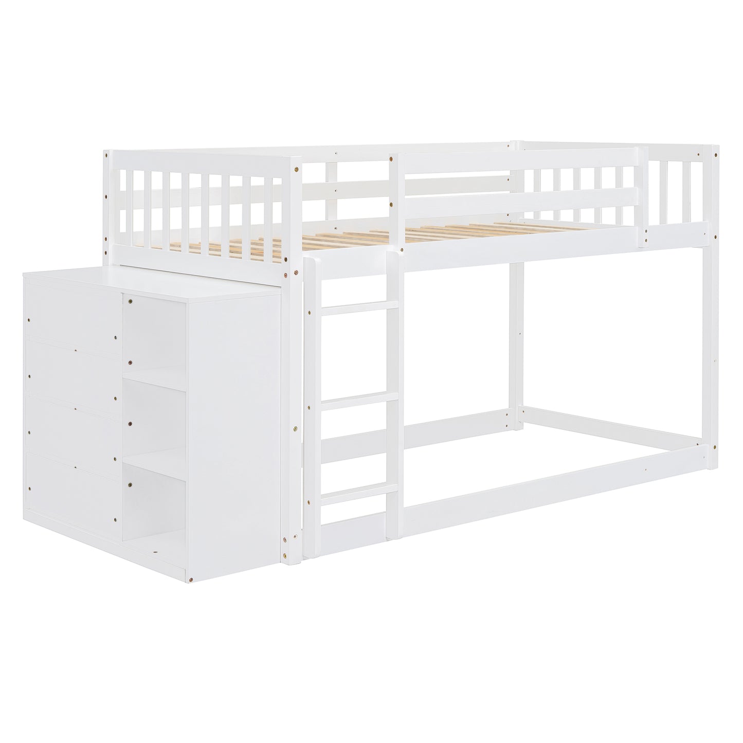 White wooden loft bed with integrated dresser and shelves
