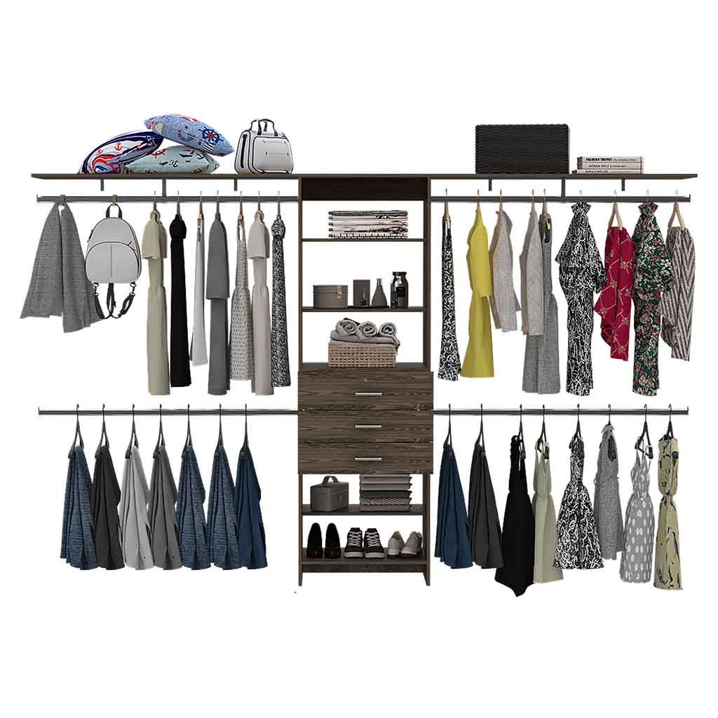 Open closet system with hanging clothes and dresser organized wardrobe