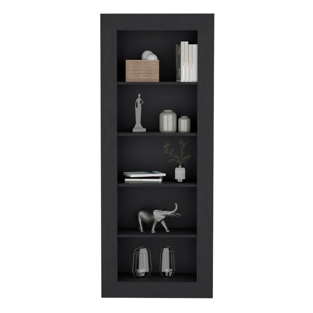 Dark gray modern narrow bookcase with decorative items on shelves