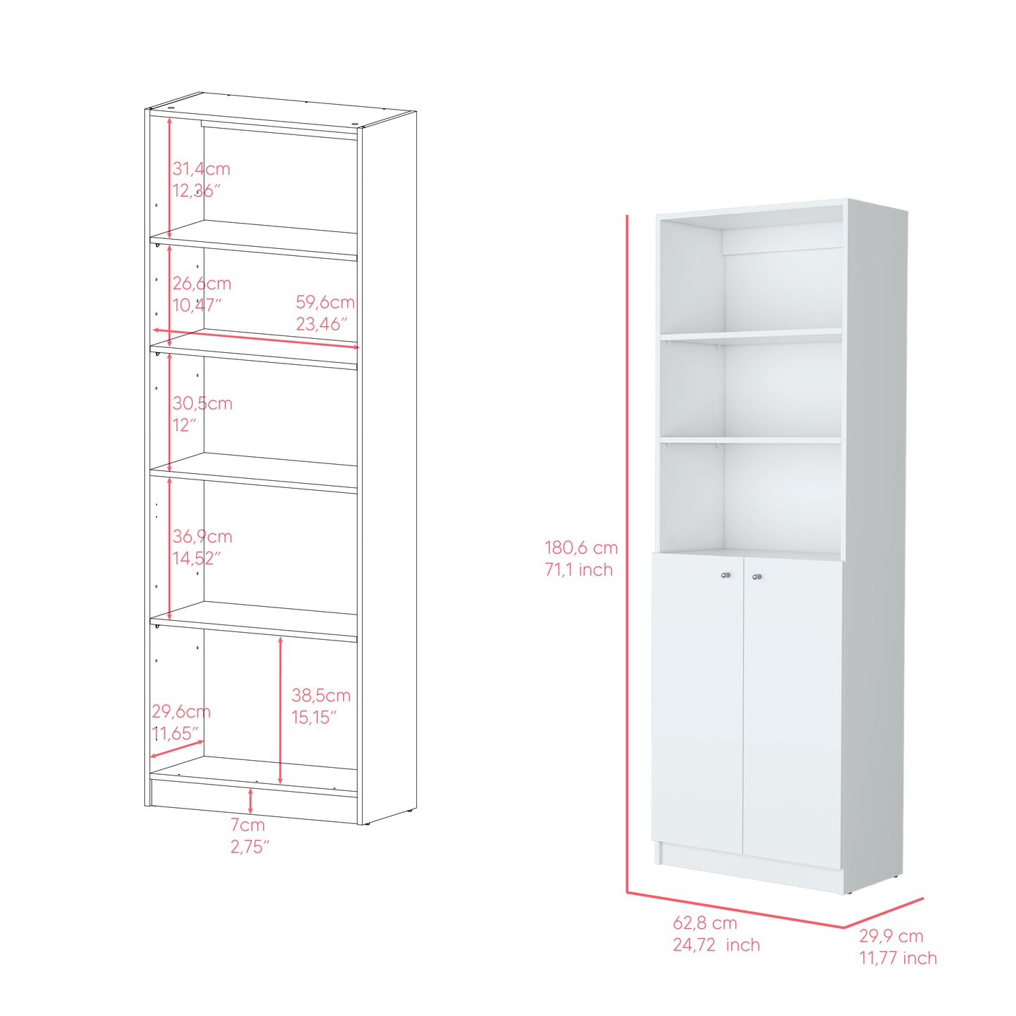 White tall bookcase with two doors and multiple shelves inches high