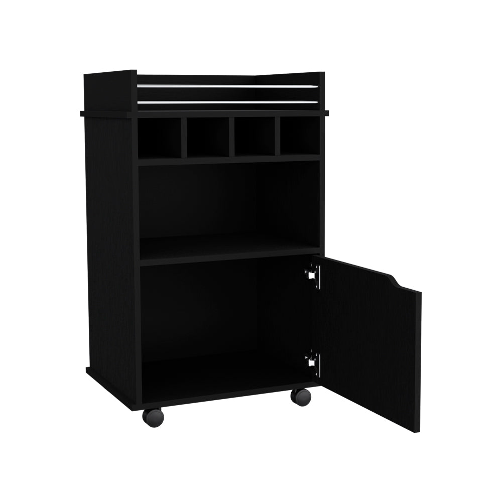 Black wooden bar cart with bottle rack and open cabinet door on wheels