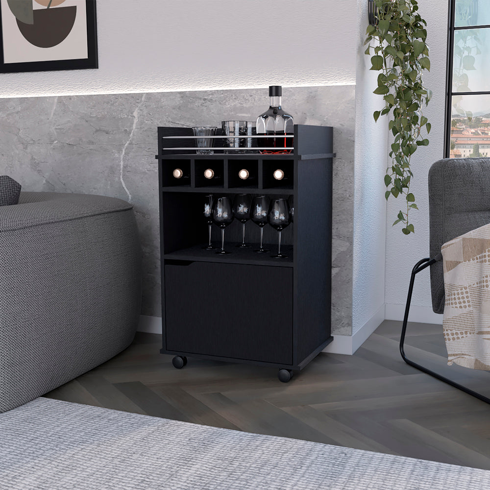 Black bar cart with wine bottle holder and glassware slots