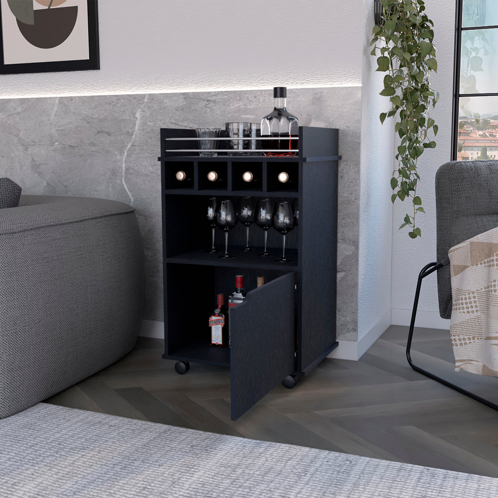 Black mobile bar cart with wine rack and glass storage