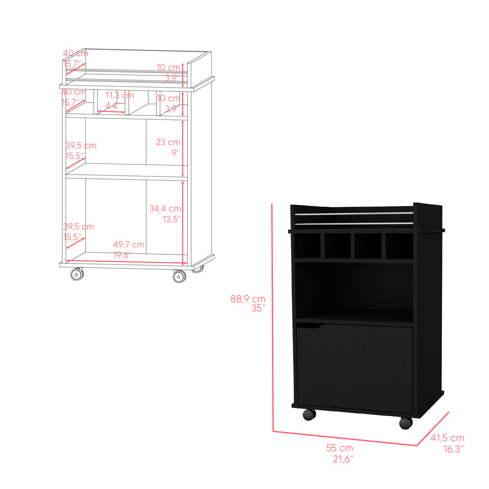 Black bar cart with wine cubbies and storage drawer on wheels