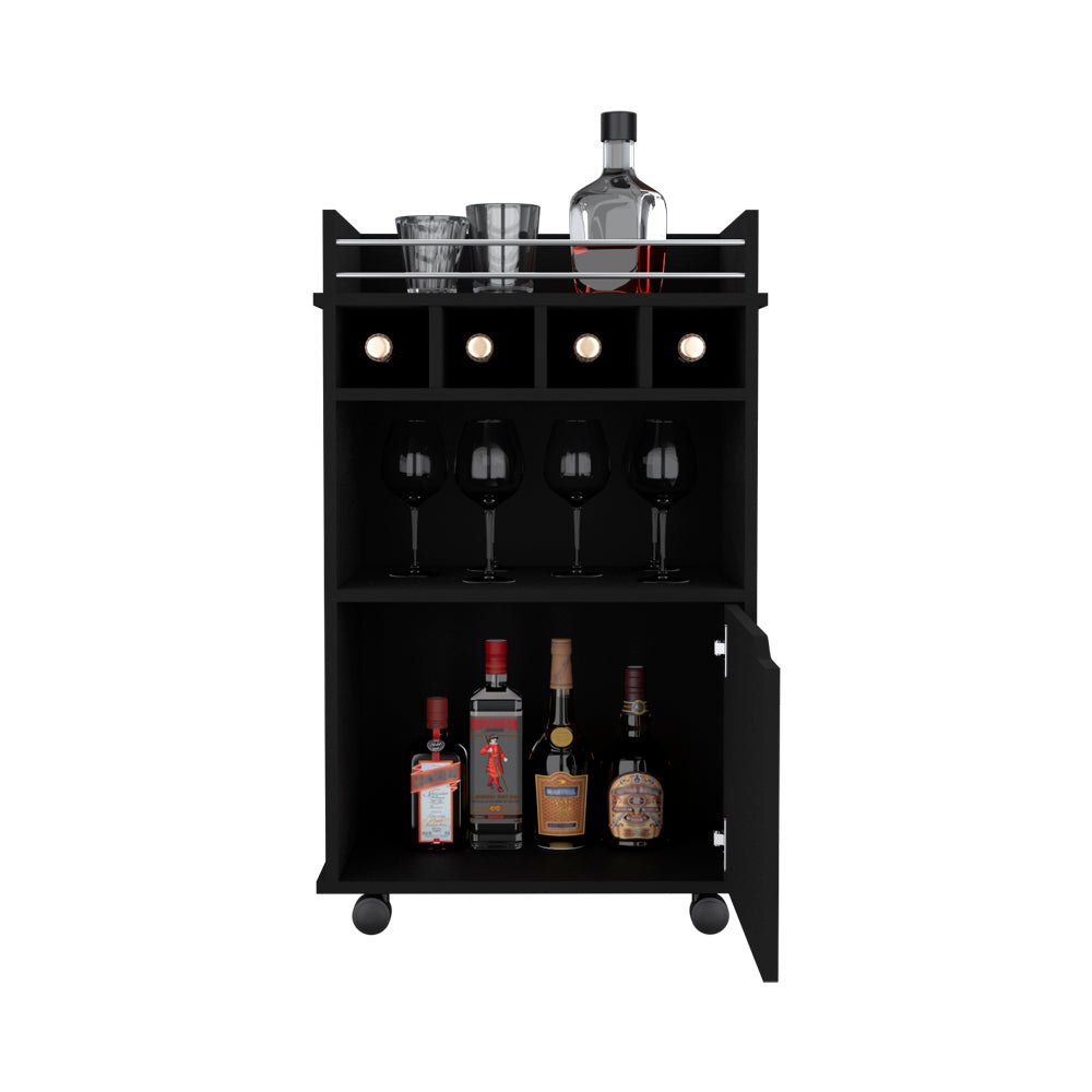 Black rolling bar cart with wine glasses and bottles