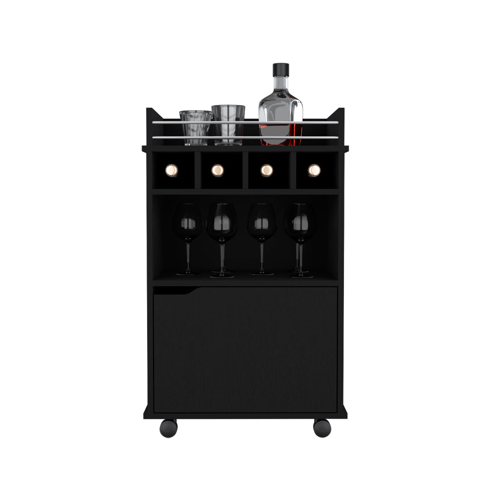 Black mobile bar cart with wine bottle glasses and compartments