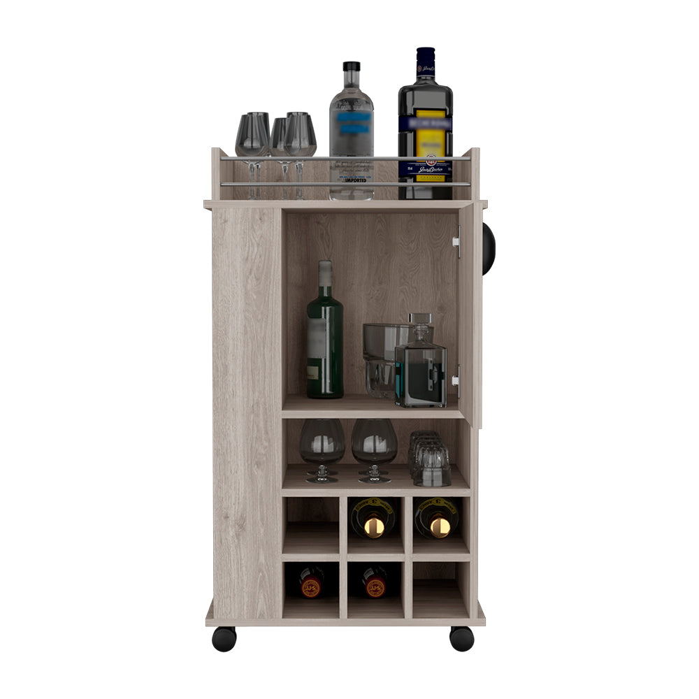 Wooden bar cart with wine rack glasses and bottles