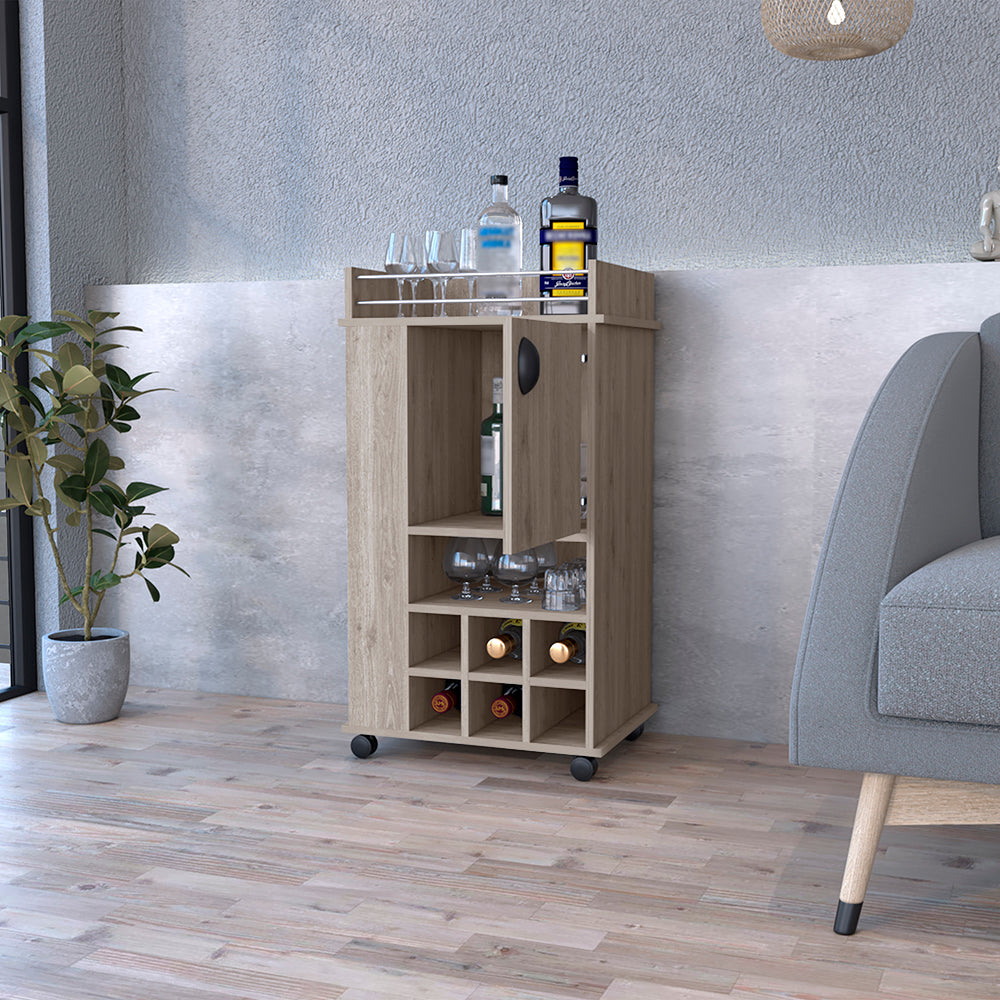 Modern oak bar cart with wine rack and glass holders