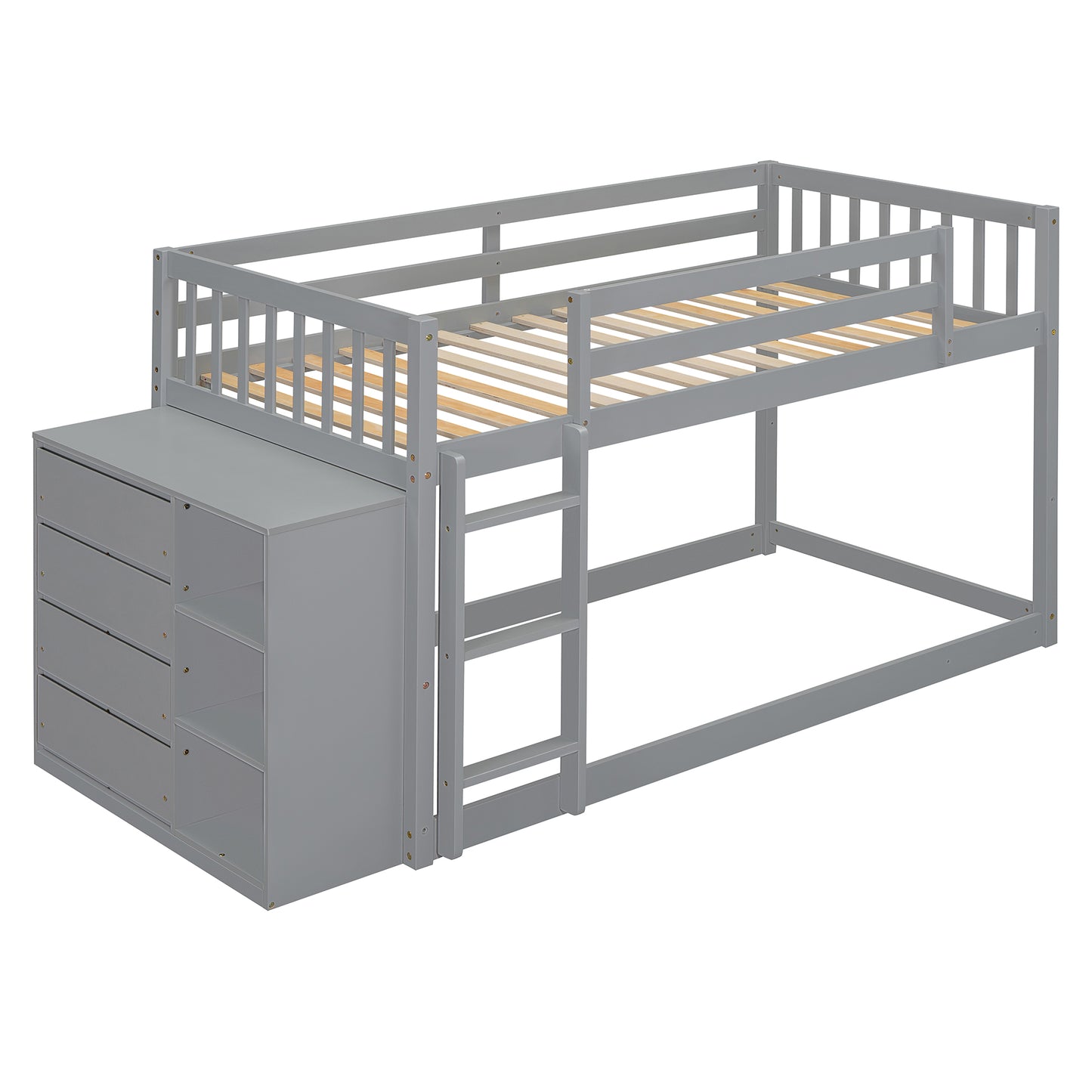 Gray wooden bunk bed with integrated dresser and shelving