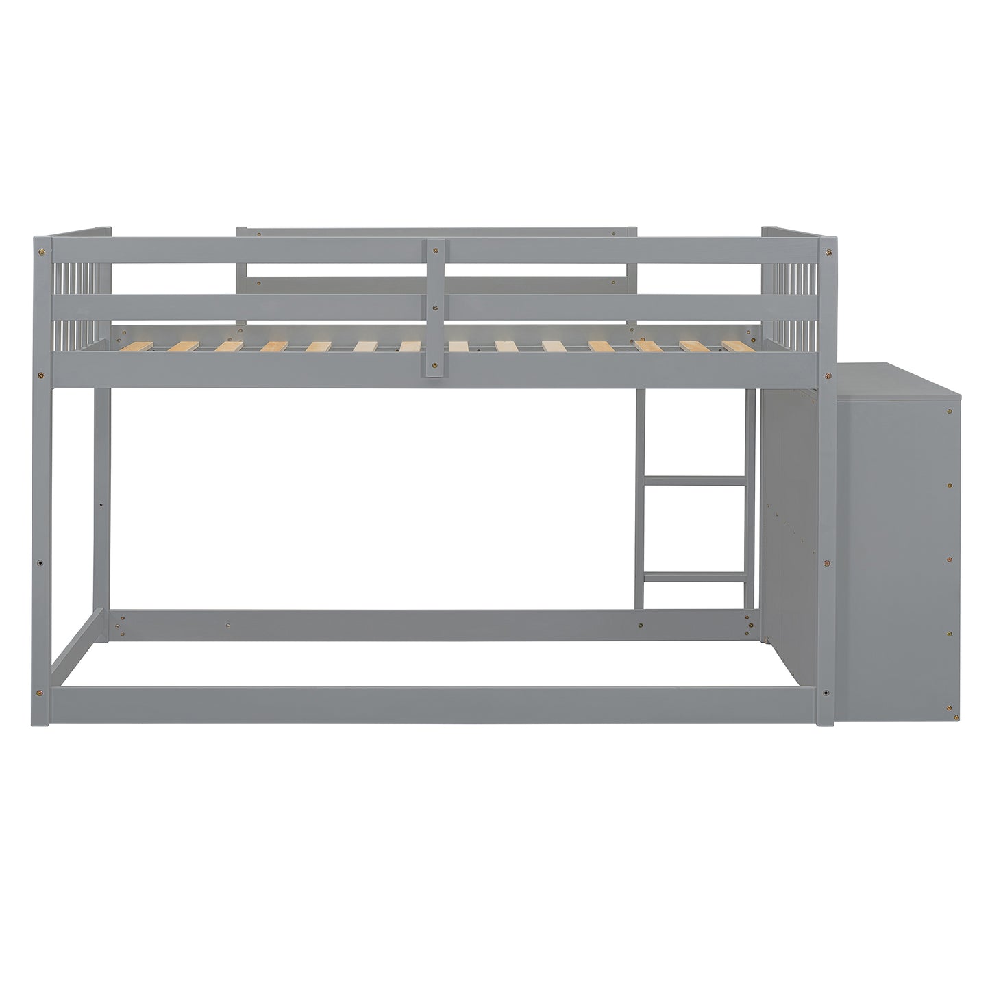 Gray wooden bunk bed with integrated storage cabinet and ladder