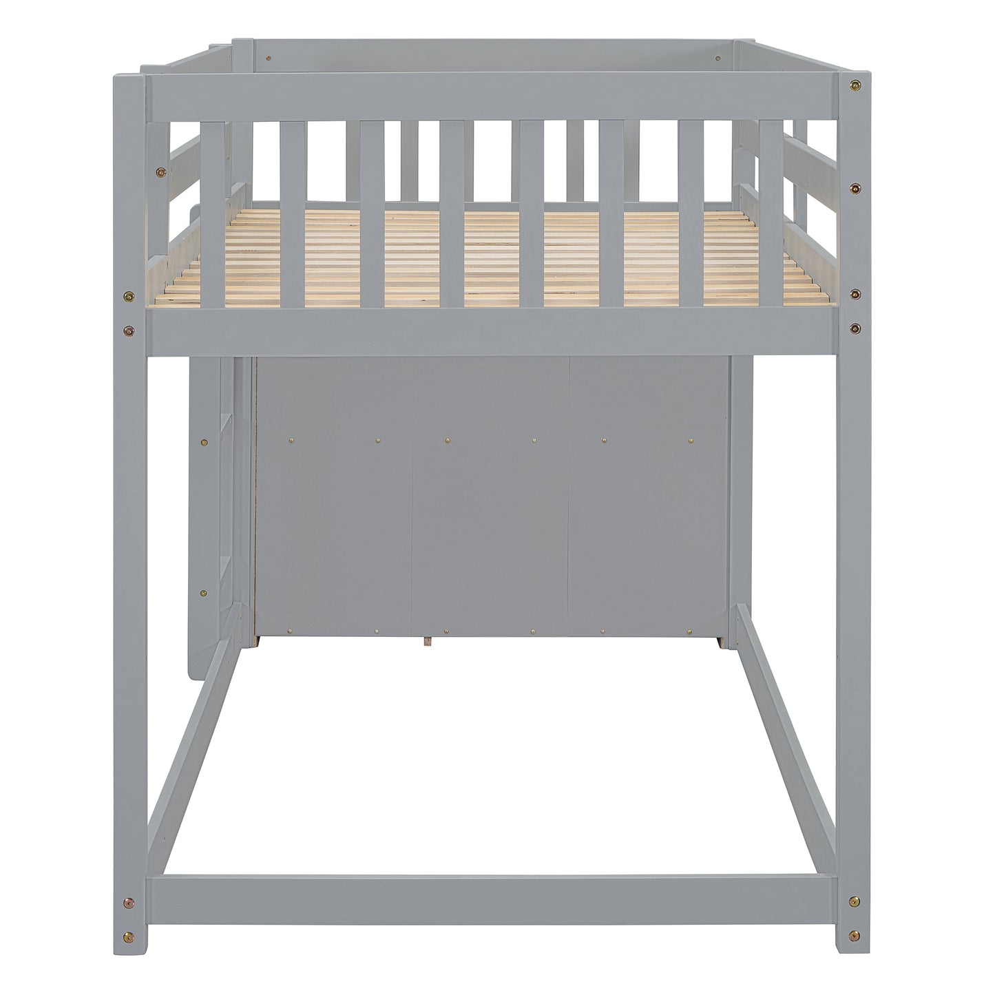 Gray twin loft bed frame with slatted wood base and safety rails