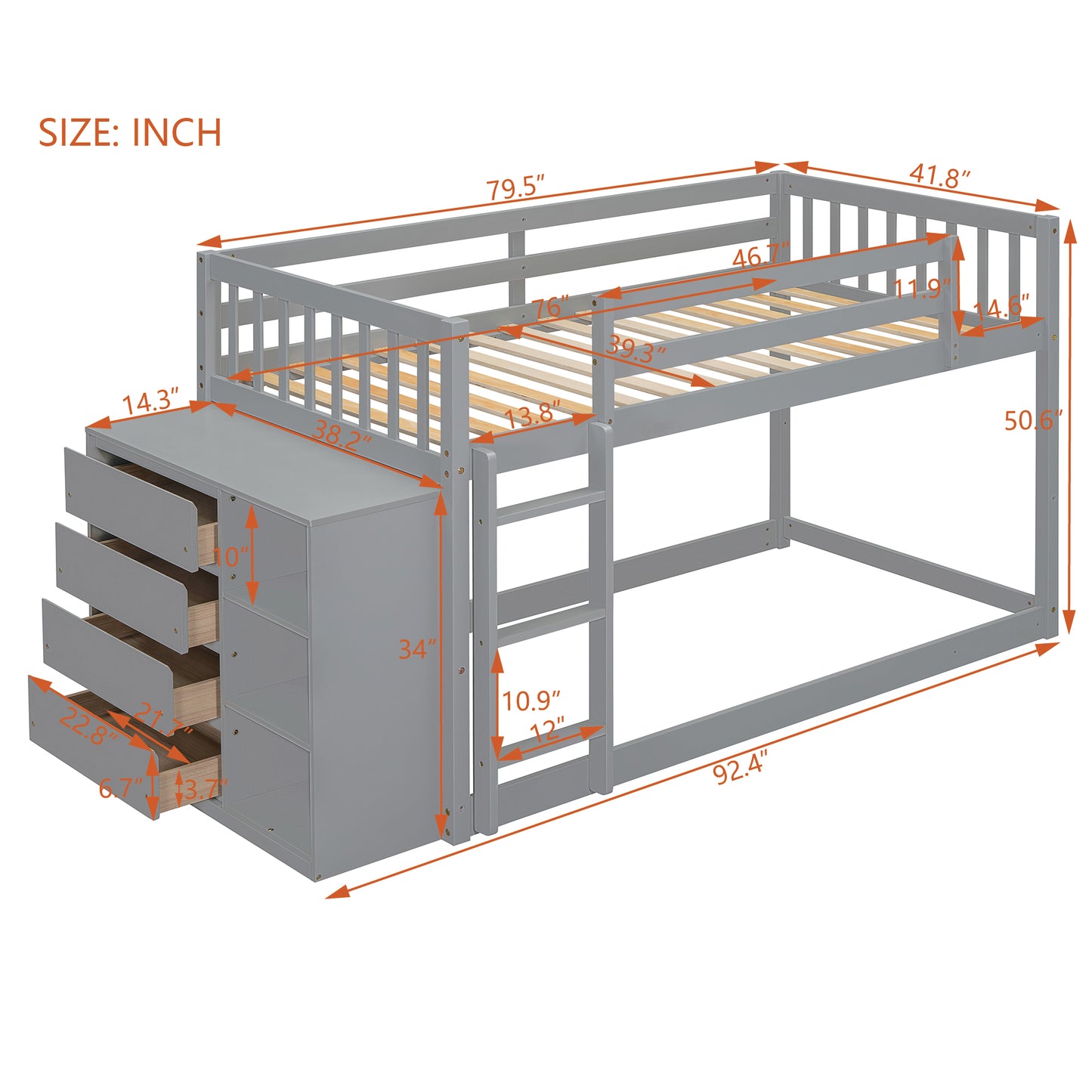 Gray twin over twin bunk bed with builtin drawers and ladder