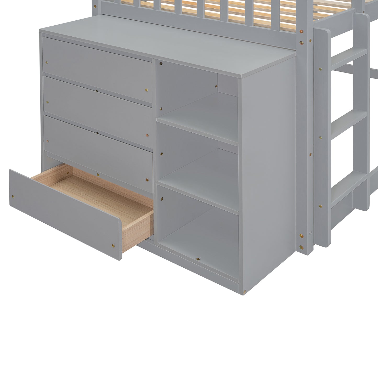 Gray loft bed dresser with three drawers and open shelving