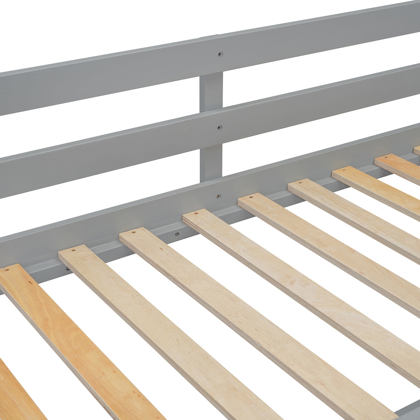 Closeup of gray wooden bed frame slats and wooden mattress supports